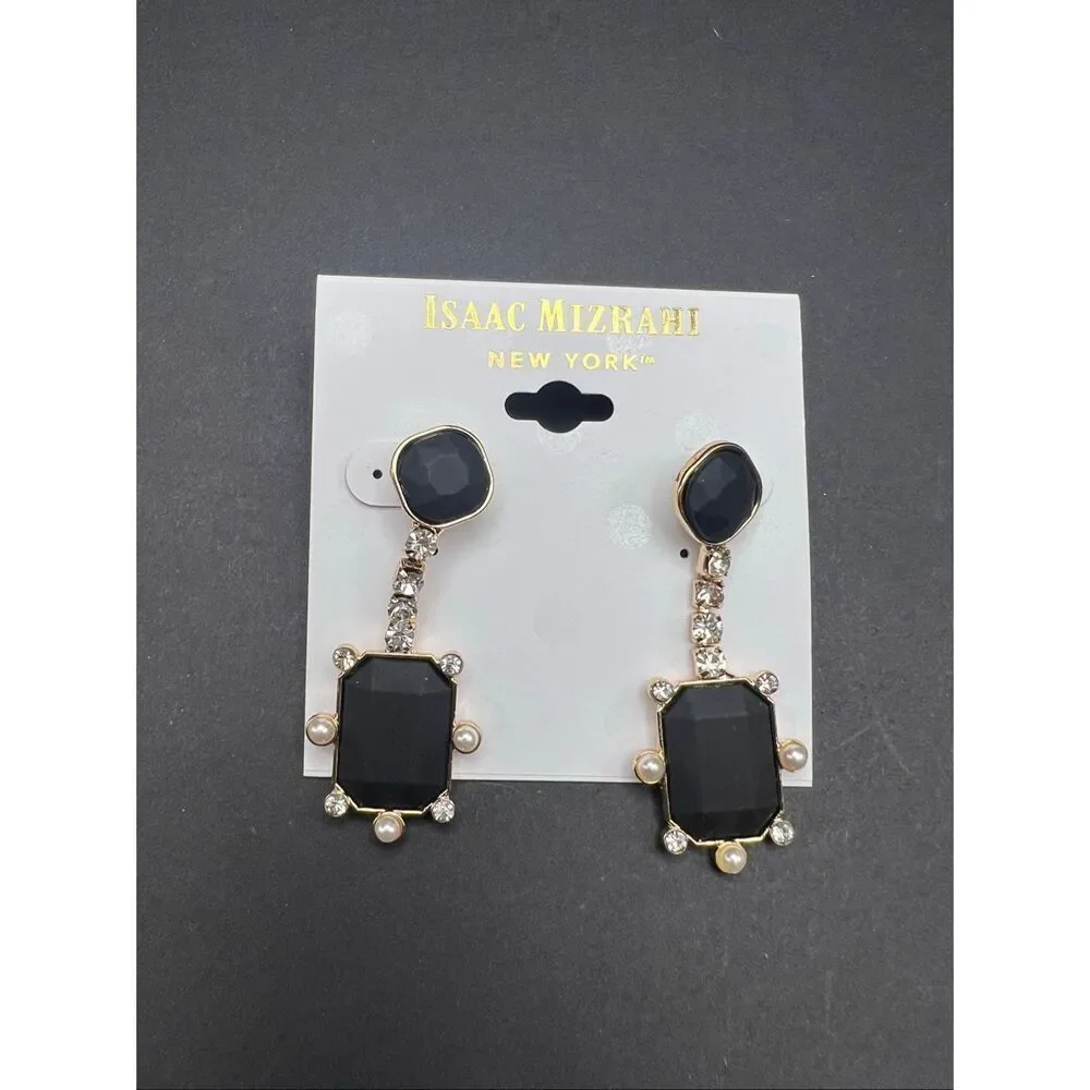 New! Isaac Mizrahi New York Gold Matte Black Drop Rhinestone Faux Pearl Earrings